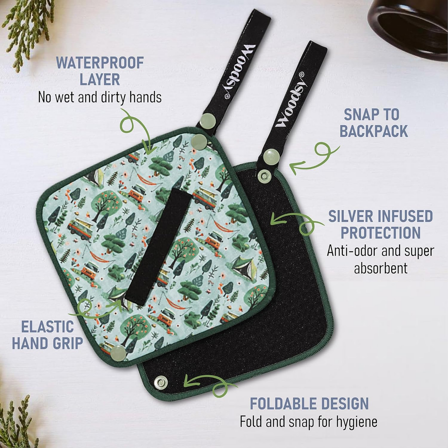 Woodsy Outfitters green leaf pattern heat resistant pot holders for outdoor style kitchen use”
