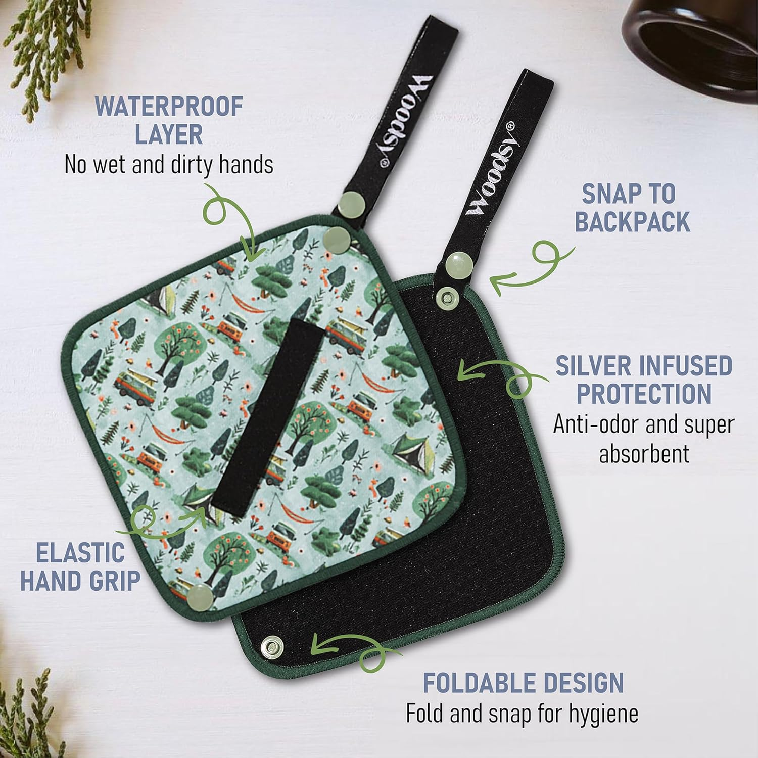 Woodsy Outfitters green leaf pattern heat resistant pot holders for outdoor style kitchen use”