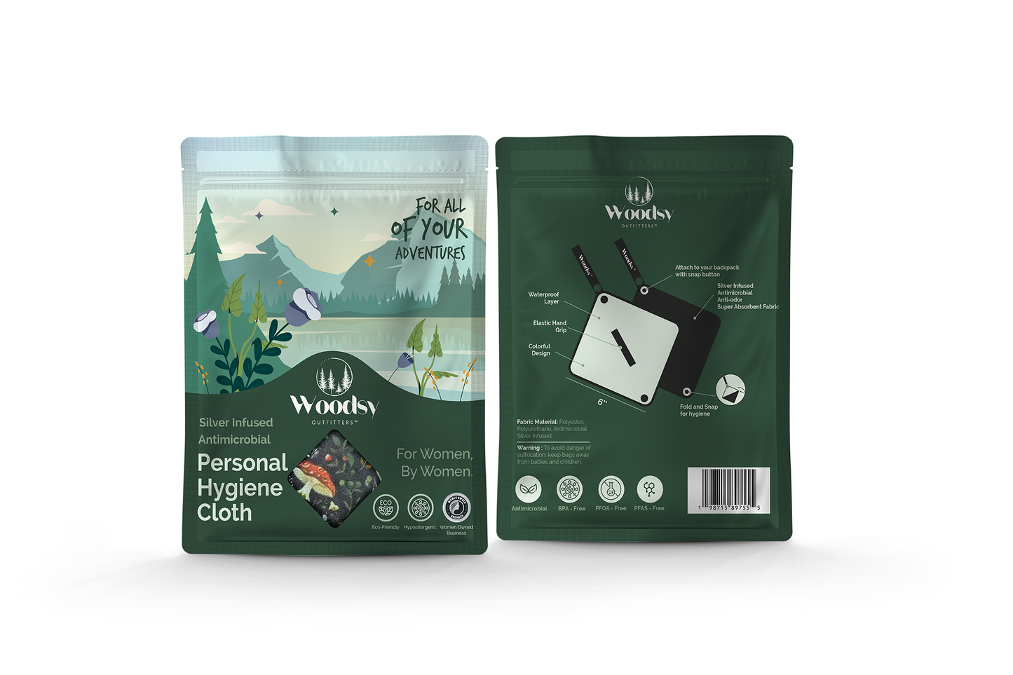 Woodsy personal hygiene cloth packaging with front and back views on a white background